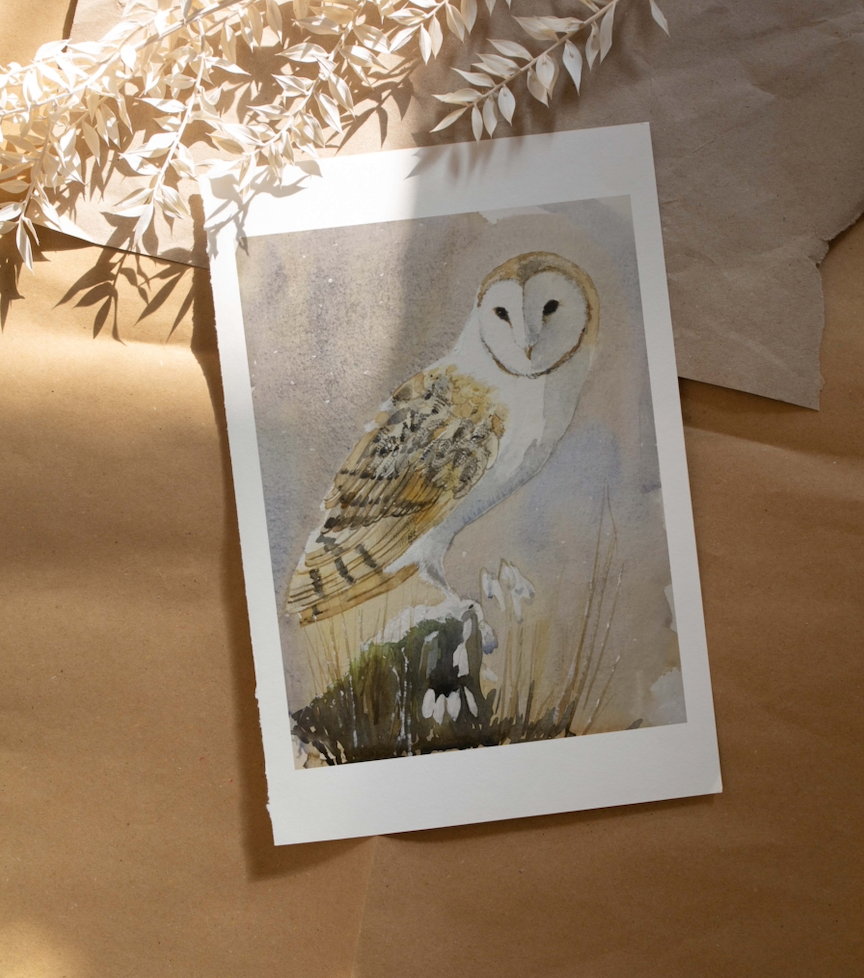 Original Owl art - The First Snowdrops